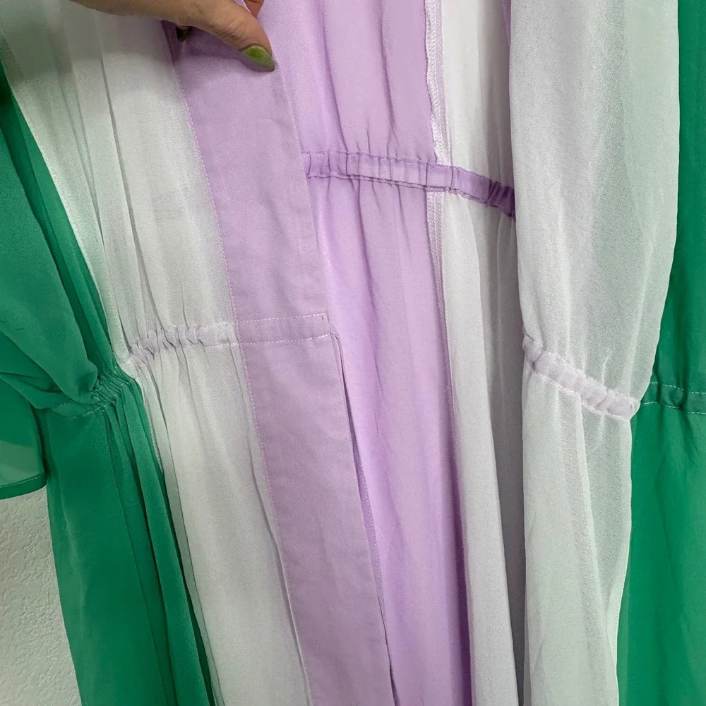 Green Purple Colorblock Kimono Duster Maxi Robe Open Front Elastic Waist